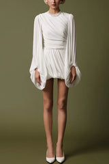 Solid Color Round Neck Lantern Long Sleeve Pleated Casual Mini Dress