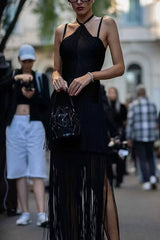 Sexy Halterneck Open Back Elegant Tassel Slim Maxi Dress