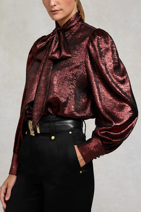 Ariella Metallic Satin Fabric Tie-up Bow Neck Long Sleeve Blouse