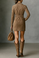 Fashion Suede Long Sleeve Waist Belt Pocket Slim Fit Mini Dress