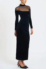 Fashionable Velvet and Mesh Spliced long-sleeved Slim-fit Maxi Dress