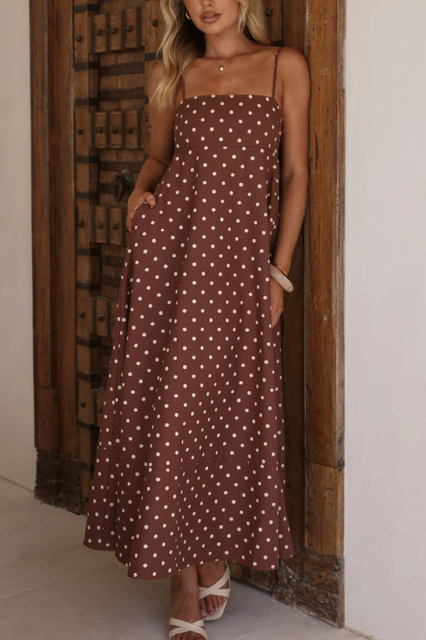 Polka Dot Print Square Neck Suspender Casual Pocket Maxi Dress