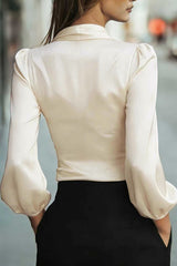 Satin V-neck Long-sleeved Casual Tie-wst Shirt