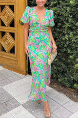 Floral Print V-neck Puff Sleeve Open-back Maxi Dress