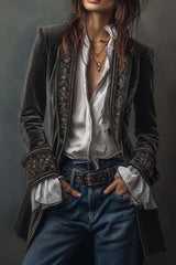 Gold Velvet Patchwork Printed Edge Long-sleeved Casual Jacket