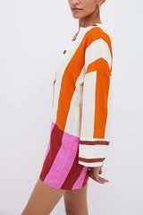 Talah Linen Blend Color Block Print V-neck Long Bell Sleeve Loose Mini Dress