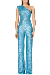 Alize Stretch Sequin One Shoulder Wide Leg Jumpsuit