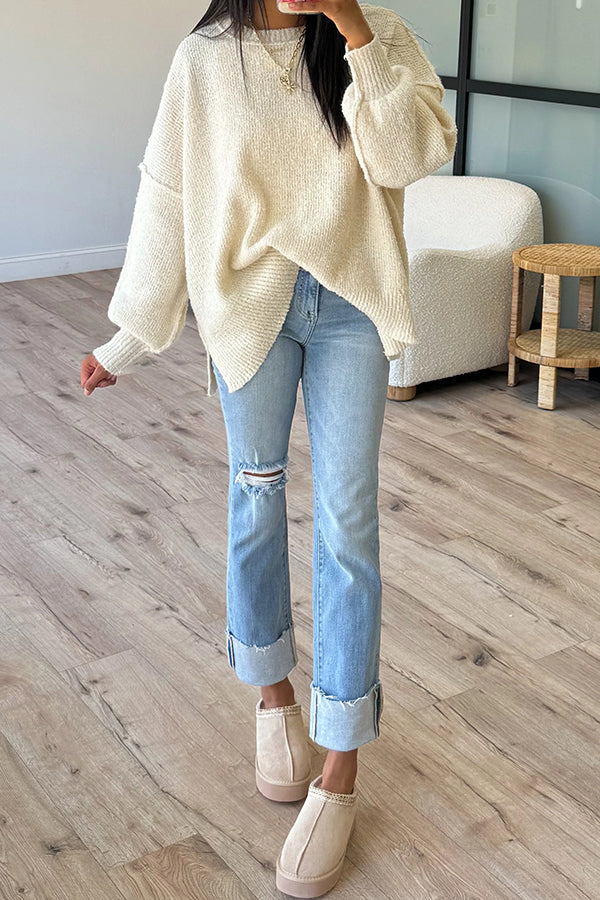 Solid Color Loose Long-sleeved Round Neck Knitted Split Sweater