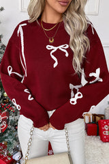 Christmas Bow Round Neck Long Sleeve Loose Knitted Sweater