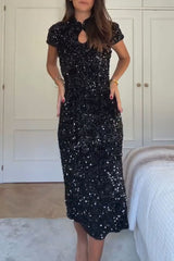 Cheongsam Style Velvet Sequin Stand Neck Short Sleeve Slit Midi Dress