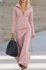 Solid Color Long-sleeved Lapel Zipper Casual Maxi Dress