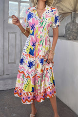Bohemian Resort Style Print Casual Short Sleeve Button Midi Dress