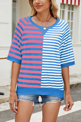 Striped Color Block Print Crew Neck Short Sleeve Loose Top