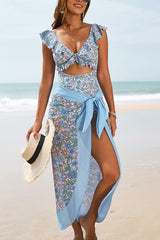Printed V-neck Ruffled Stretch One-piece Swimsuit and Elegant Tulle Scarf Set