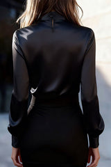 Solid Color Satin Long-sleeved Casual Tie-front Shirt