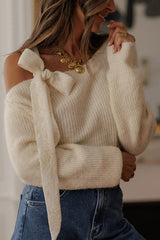 Solid Color Bow Tie Long-sleeved Casual Knit Sweater