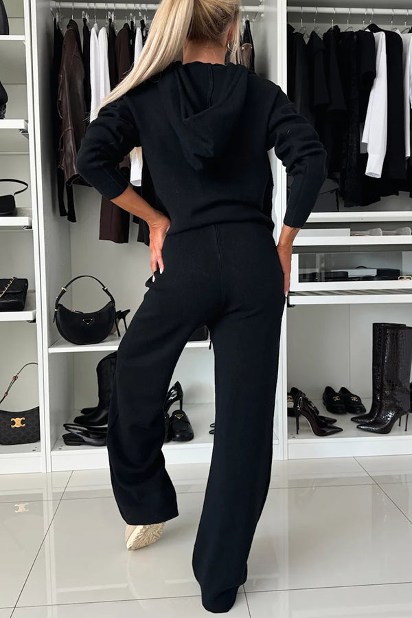 Solid Color Loose Hooded Tie Sweatshirt and Elastic Waist Casual Straight Pants Set