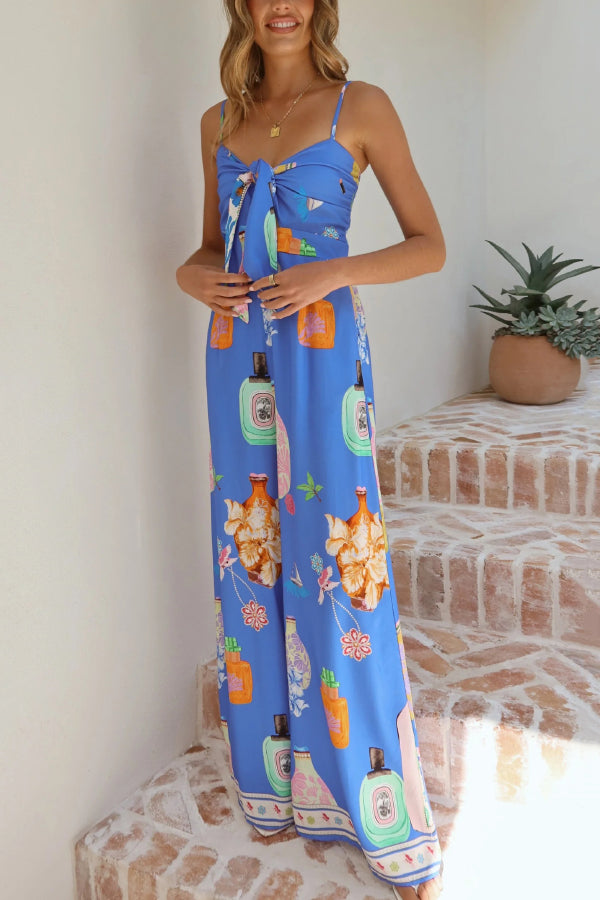 Perfume Bottle Print Strappy Fitted Waist Casual Pocket Wide-Leg Jumpsuit