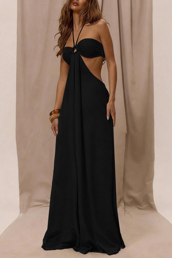 Solid Color Halter Neck Cutout Casual Loose Wide-leg Jumpsuit