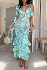 Sweet Like Honey Floral Print Rufffle Tiered Fishtail Maxi Dress