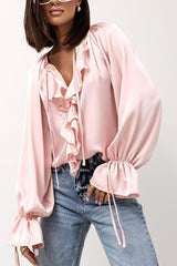 Satin Solid Color V-neck Tie Ruffle Casual Shirt