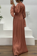 Ellah Shiny Fabric Chinese Stand Collar Twist Waist Balloon Sleeve Maxi Dress