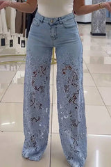 Fashion Hollow Lace Stitching Casual Pocket Denim Wide-leg Pants