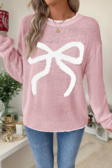 Christmas Contrasting Color Big Bow Round Neck Long Sleeve Loose Knitted Sweater