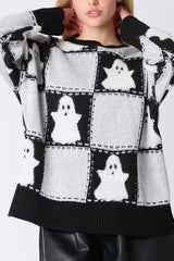 Halloween Plaid Ghost Loose Long Sleeve Knitted Sweater