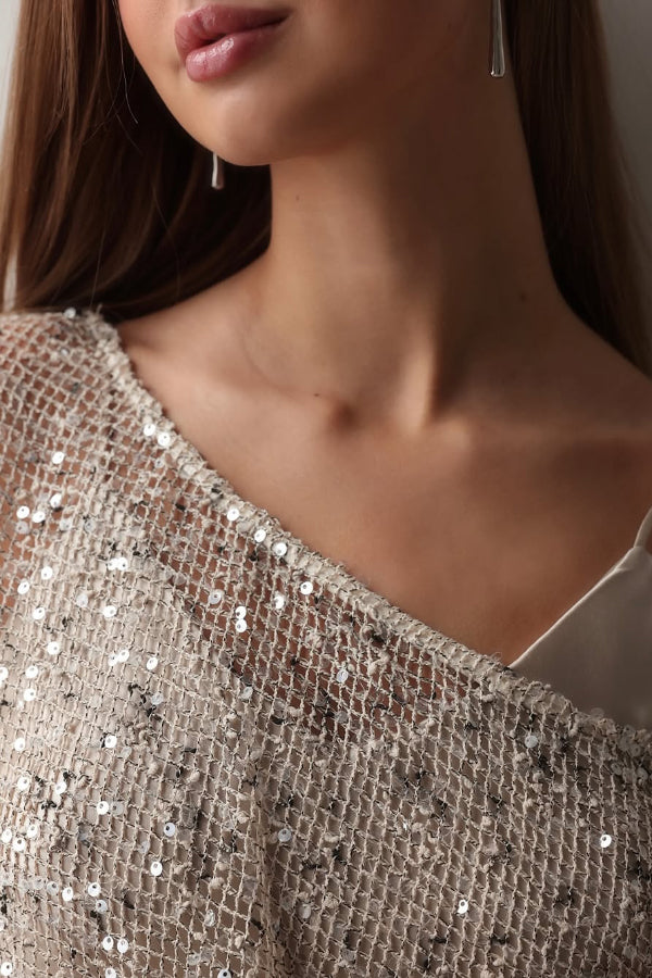 Fashionable Sequined Cutout Casual Long-sleeved Loose Cover-up Top