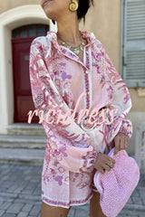 Botanical Print Palace Style Stand-up Collar Lantern Sleeve Loose Top and Casual Shorts Set