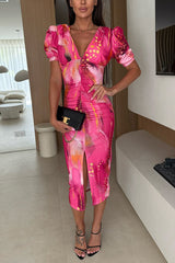 Unique Print V-Neck Puff Sleeve Slit Slim Midi Dress