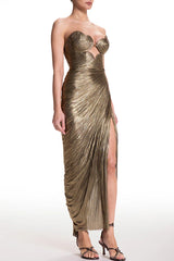 Amisha Metallic Pleated Shell Cups Hollow Gold Pendant Strapless Drape Slit Maxi Dress