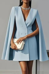 Solid Color V-Neck Double Breasted Cape Formal Mini Dress