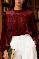 Fashionable Velvet and Lace Patchwork Loose Long-sleeved Top