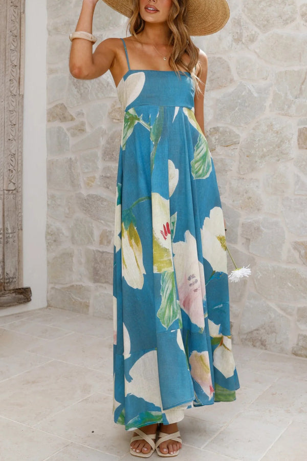 Floral Print Square Neck Sleeveless Casual Holiday Maxi Dress
