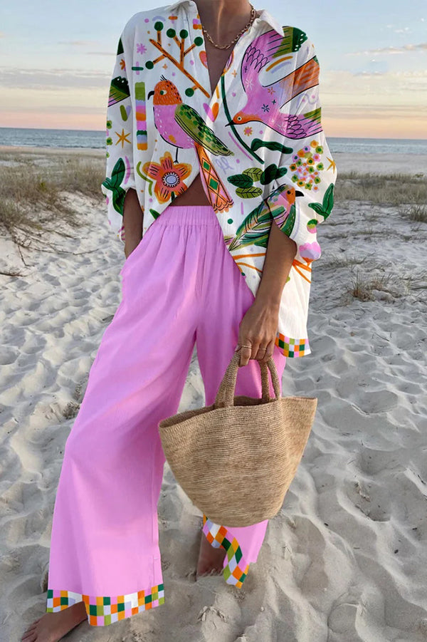 Bird Print Oversized Shirt and Elastic Waist Pocket Pants Set