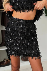 Polished Uptown Sequin Tassel Round Neck Short Sleeve Top and Elastic Waist Mini Skirt Set