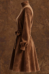 Stylish Suede Turtleneck Long-sleeved Tie-wst Casual Mini Dress
