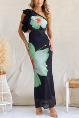 Floral Print One-shoulder Fitted Mesh Maxi Dress