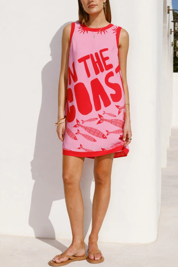 Summer-themed Printed Round Neck Sleeveless Pocket Loose Mini Dress