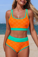 Stylish Color-blocked High-wsted Stretch Two-piece Bikini Swimsuit
