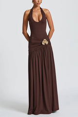 Solid Color Halter Neck Backless Slim Fit Pleated Slit Maxi Dress