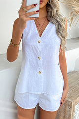 Solid Color Holiday Style V-neck Button Vest and Elastic Waist Casual Pocket Shorts Set