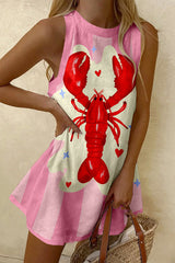 Cartoon Lobster Print Sleeveless Resort Mini Dress