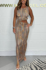 Unique Print Round Neck Sleeveless Ruffled Waist-baring Slim Maxi Dress