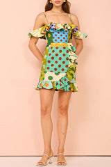 Chic Color Block Dot Print Invisible Zipper Strap Mini Dress