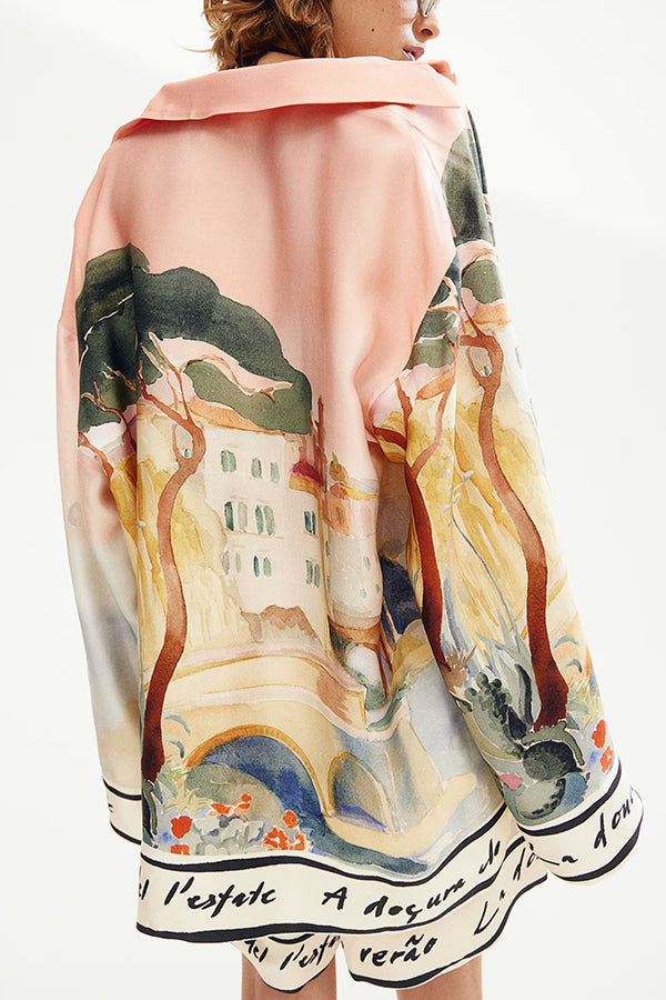 Unique Print Lapel Long Sleeve Loose Shirt and Elastic Waist Casual Pocket Shorts Set