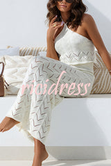 Solid Knit Hollow Halter Top and Stretch Fit Maxi Skirt Set