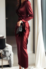 Solid Color Satin V-neck High Waist Tie Slim Midi Dress